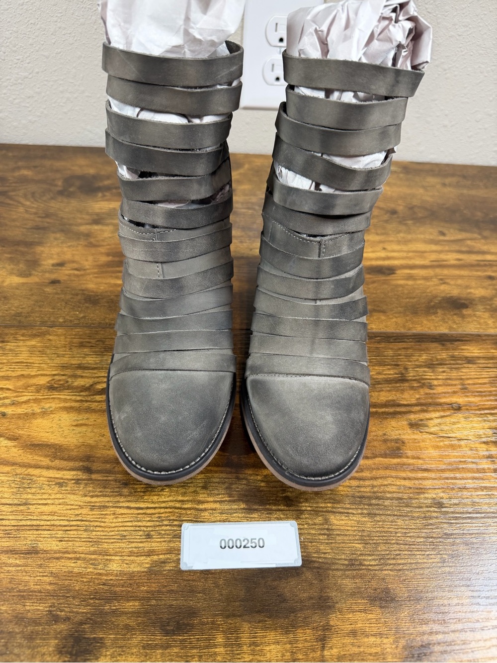 Free People Womens 37 Leather Strappy Ankle Boots Gray Taupe Block Heel Boho